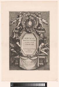 Titelprent met architecturale lijst en personificaties van de kunsten