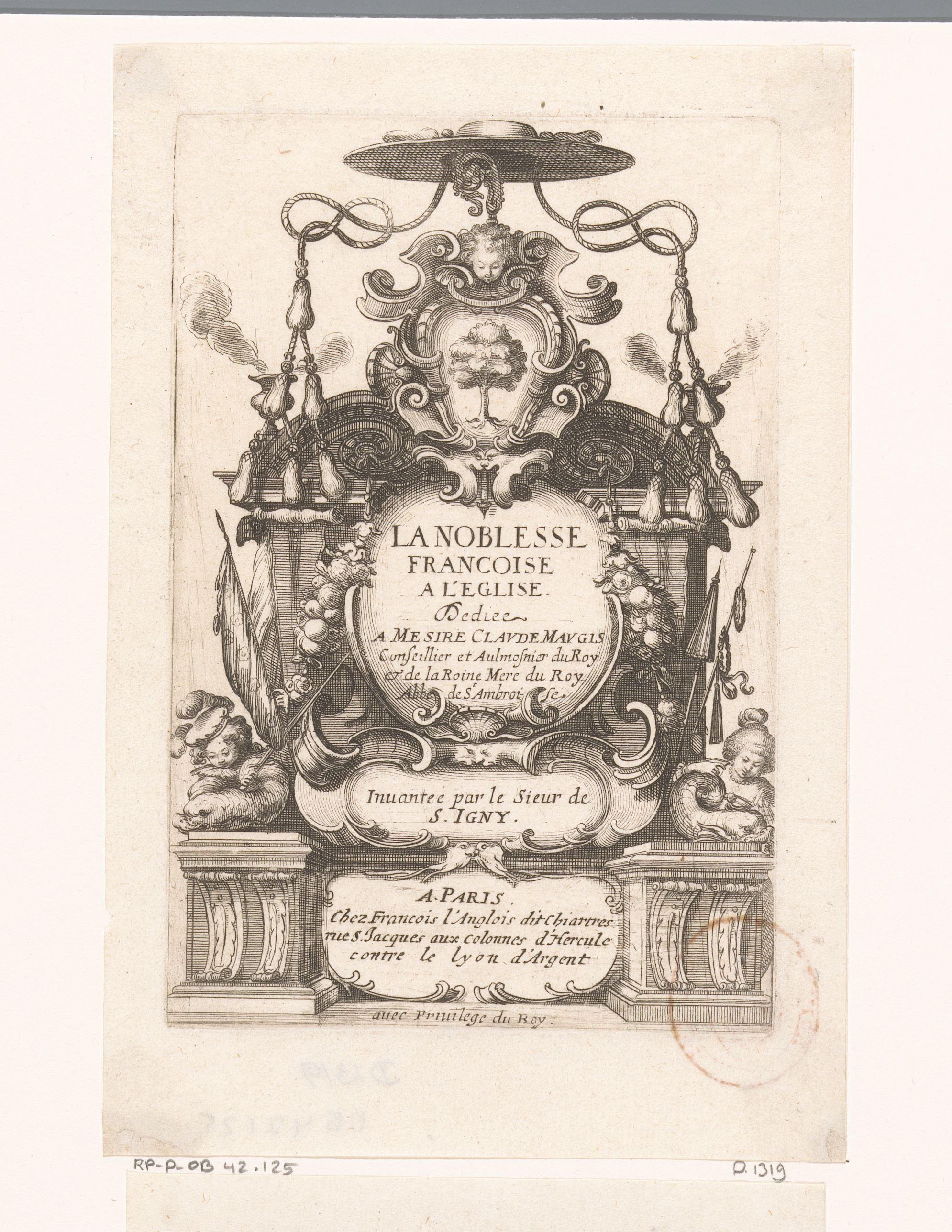Titelprent met cartouche, kardinaalshoed en het wapen van Claude Maugis by Abraham Bosse