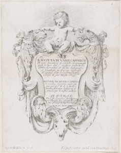 Titelprent met cartouche met een putto, twee panterkoppen en een schedel van een ram