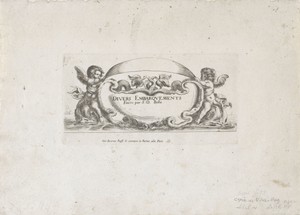 Titelprent met cartouche met tekst geflankeerd door putti op dolfijnen