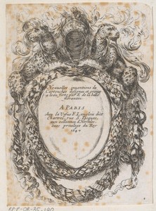 Titelprent met cartouche met tekst, panters, een helm en guirlandes