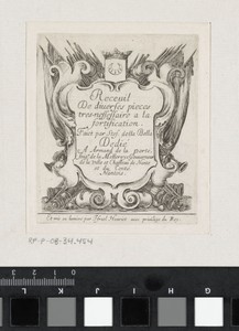 Titelprent met cartouche met tekst, vaandels, trompetten en kanonnen