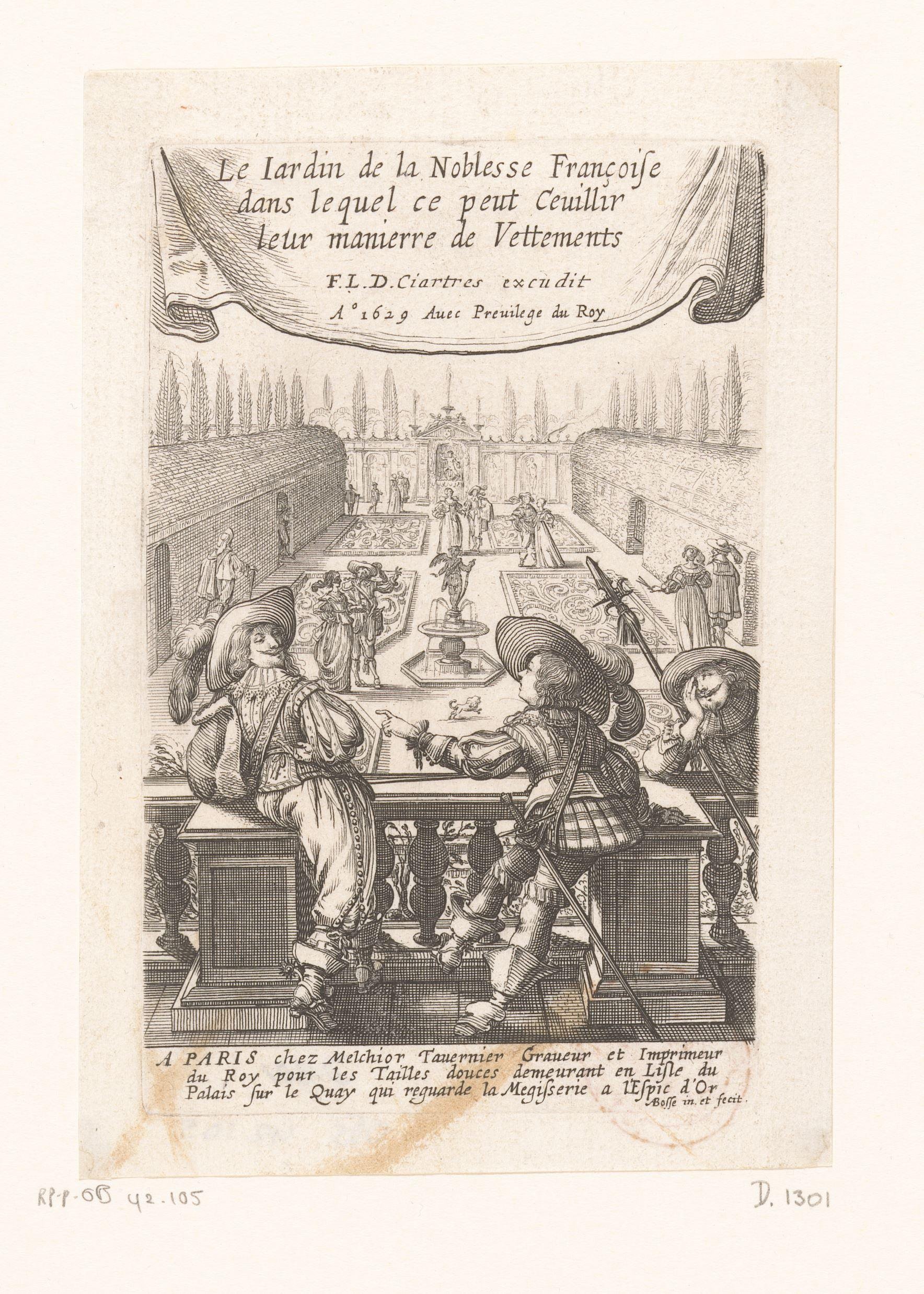 Titelprent met drie edellieden op een balkon, uitkijkend over een tuin met figuren by Abraham Bosse