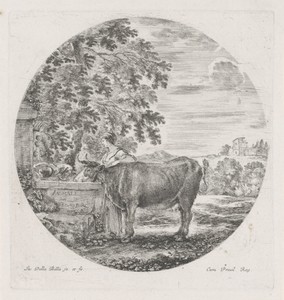 Titelprent met drinkende koe in een landschap