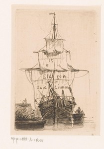 Titelprent met een aangemeerd zeilschip