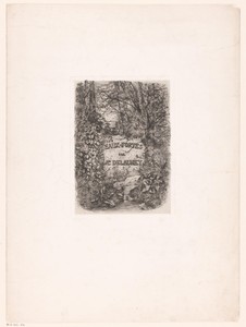 Titelprent met een begroeide steen met inscriptie in een boslandschap
