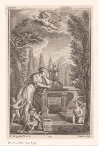 Titelprent met een vrouw met putti bij een tombe in een tuin