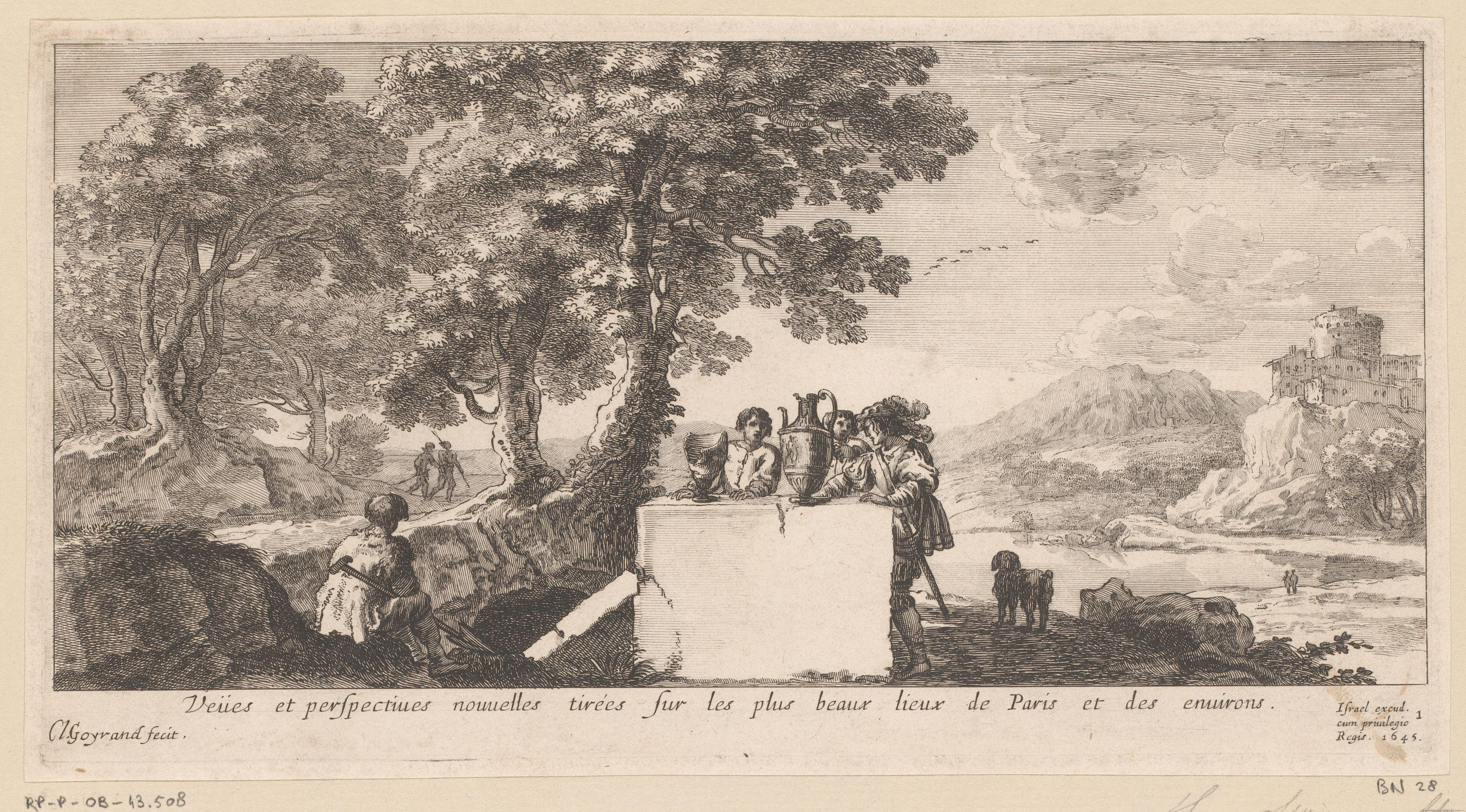 Titelprent met figuren bij een altaar met twee gebroken vazen in een rivierlandschap by Claude Goyrand
