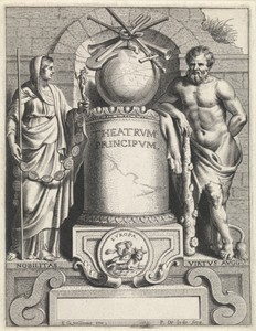 Titelprent met Hercules en personificatie van Geschiedenis