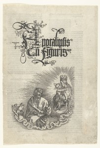 Titelprent met Johannes de Evangelist en Maria met het Christuskind