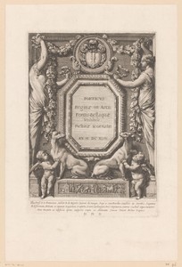 Titelprent met kariatiden, putti en honden in een omlijsting