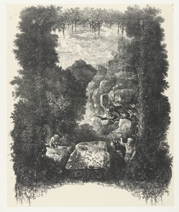 Titelprent met landschap en figuren uit fabels en verhalen in omlijisting