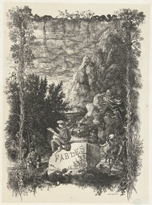 Titelprent met landschap en figuren uit fabels en verhalen in omlijsting met planten en slangen