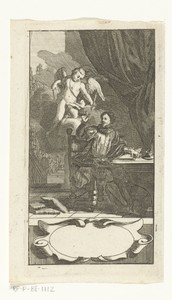 Titelprent met man die inspiratie ontvangt van engeltje boven lege cartouche