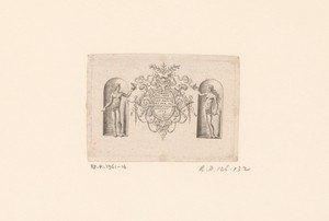 Titelprent met ornamentele cartouche en Adam en Eva in twee nissen