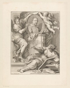 Titelprent met portret van schilder Francesco Albani met engelen en de personificatie van de schilderkunst