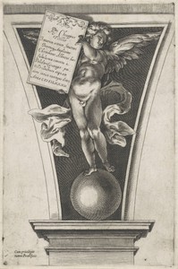 Titelprent met putto met aankondiging