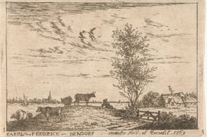Titelprent met rivierlandschap met koeien