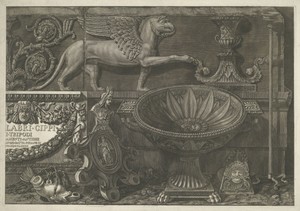 Titelprent met sculpturen, gebeeldhouwde reliëfs en een sarcofaag met titel (rechter deel)