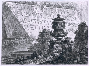 Titelprent met tekst op marmeren blok in landschap met ruïnes en fontein