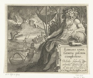 Titelprent met titel en riviergod met drietand en visnet in landschap met vissers