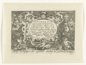 Titelprent met titel in cartouche met daaromheen apen aan het werk als goudsmid