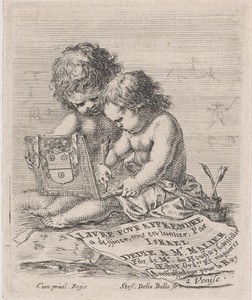 Titelprent met twee kleine jongens tekenend in een schetsboek