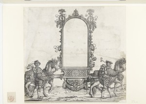 Titelprent met twee paarden die lege omlijsting met ornamenten op baar dragen