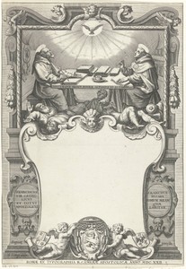Titelprent met twee schrijvende monniken aan een tafel