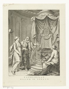 Titelprent met Willem van Oranje die de Hollandse Maagd naar een troon leidt