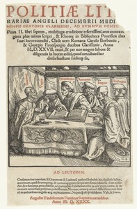 Titelprent met zes geleerden zittend rond een tafel en tekst in boekdruk