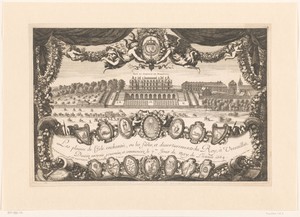 Titelprent met zicht op kasteel Versailles met stoet ruiters