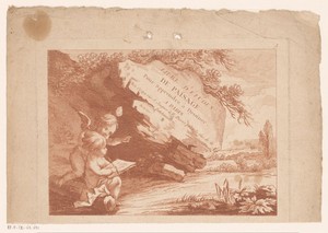 Titelprent twee putti voor een steen in een landschap