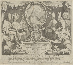 Titelprent voor een serie met scènes uit het leven en wonderen van de Heilige Catharina van Siena