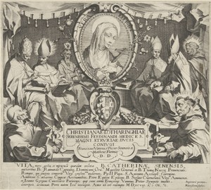 Titelprent voor een serie met scènes uit het leven en wonderen van de Heilige Catharina van Siena