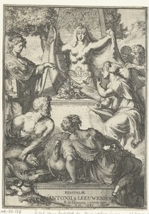 Titelprent voor 'Epistolae' [= 'Ontledingen en ontdekkingen van levende dierkens in de teel-deelen van verscheyde dieren, vogelen en visschen (...) tot Londen in Engeland' of 'Anatomia seu Interiora rerum, (...) ulteriore dilucidatione epistolis'?] van Antonie van Leeuwenhoek