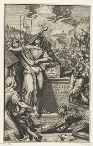 Titelprent voor: Henricus Vos, Alle de voornaamste historien des Ouden en Nieuwen Testaments. Verbeeld in uytsteekende konst-platen, 2 delen, Amsterdam, 1703.