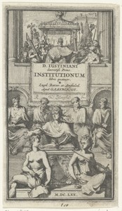 Titelprent voor 'Institutionum libri quatuor' van Justinianus