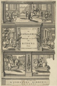 Titelprent voor practica et arte di cavalleria of oeffeningh en konst des rydens, 1671