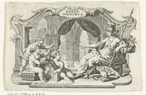 Titelvignet met bibliotheek en godin Minerva en putti met boeken