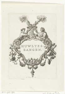 Titelvignet met omlijsting waarin huwelijkspaar en symbolen van liefde zijn opgenomen