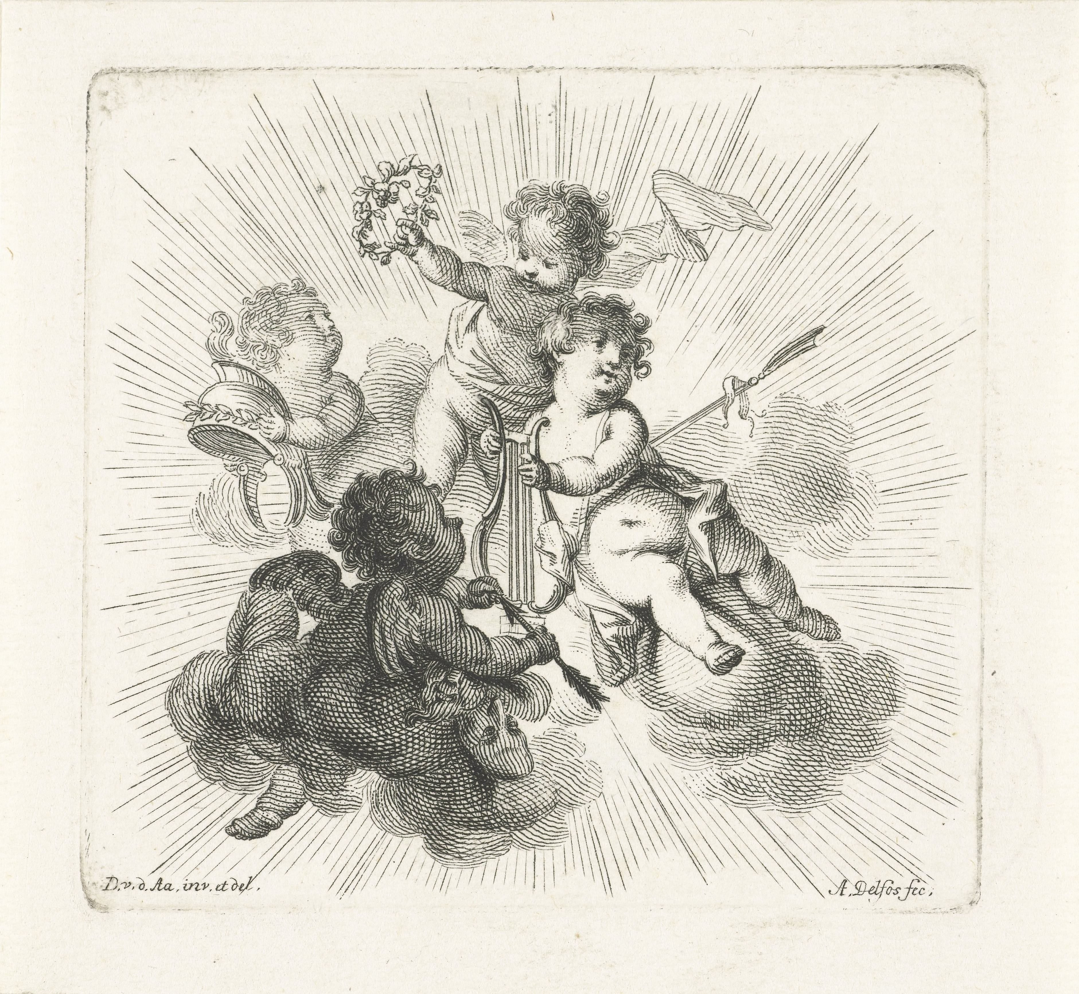 Titelvignet met vier putti met lier, bloemenkrans, helm en maskers by Abraham Delfos