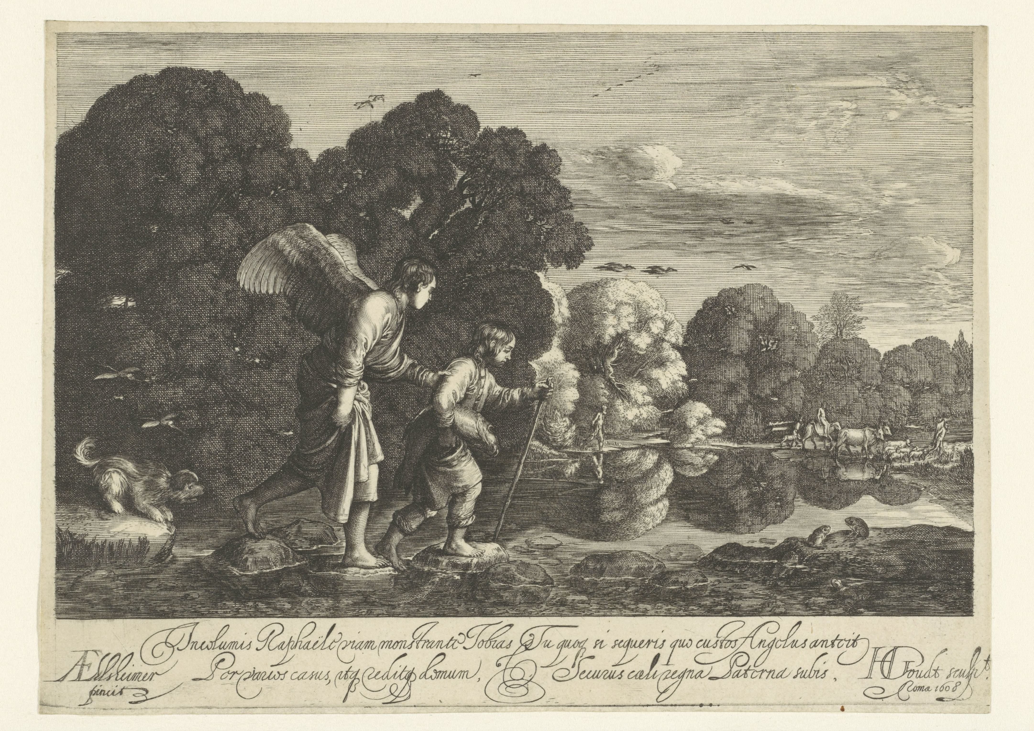 Tobias en de engel bij een rivier by Hendrick Goudt
