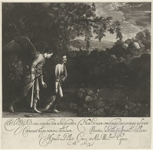 Tobias en de engel op een weg