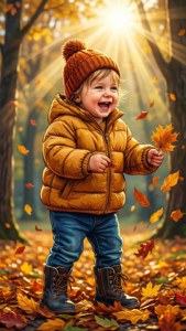 Toddler in Puffy Sweater Leaves