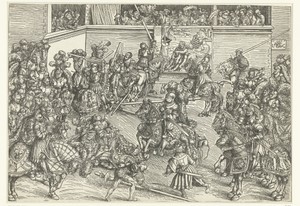 Toernooi van het keurvorstelijk hof van Saksen met wandtapijt Simson doodt de leeuw