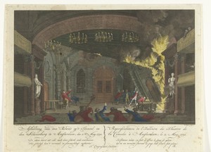 Toneel van de schouwburg aan de Keizersgracht te Amsterdam bij het uitbreken van de brand, 1772