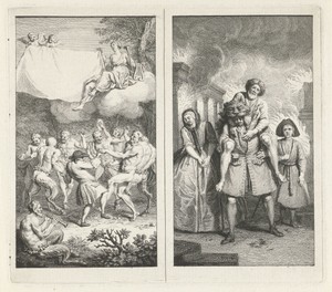 Toneelschrijver Paul Scarron danst met saters, faunen en maenaden / Aeneas redt zijn vader uit het brandende Troje