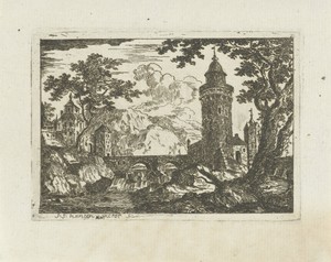 Toren en stenen brug in een berglandschap