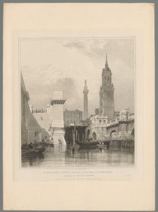 Trap van de nieuwe London Bridge richting de Theems, met rechts de St. Magnus-the-Martyrkerk, het Monument en de oude brug